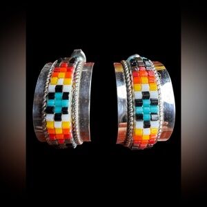 Navajo Sterling Silver Beaded Hoop Earrings Lucille Romone Multicolor